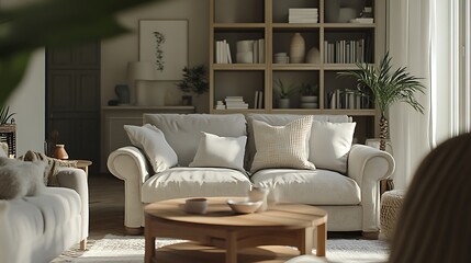 Obraz premium Beautiful Apartment, Sofa, Chair, Dining Table wall Mockup Interior design of modern living room