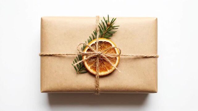 Stop motion animation of eco-friendly craft gift box with dried citrus and pine on white background. Christmas handmade craft gift