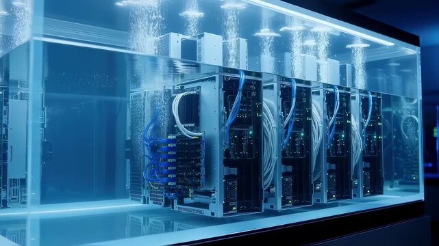 Side perspective of a transparent immersion cooling tank filled with servers illustrating how liquid cooling maintains optimal performance and reduces overheating risks.