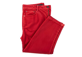 Folded pair of vibrant red corduroy pants displayed against a black background.