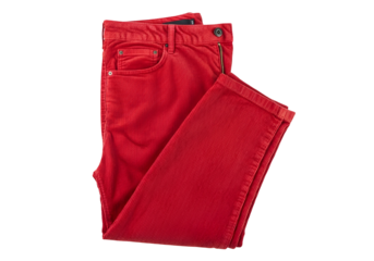 Folded pair of vibrant red corduroy pants displayed against a black background.