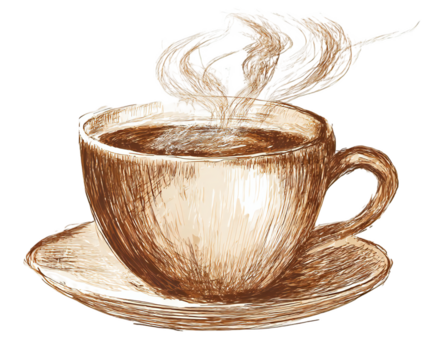 A steaming cup of coffee on a saucer, rendered in a sketchy, sepiatoned illustration style, isolated on a transparent background