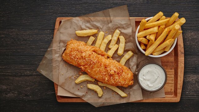 Crispy Delight. A Golden Composition of Fried Goodness, Served with Creamy Dip and Fries.