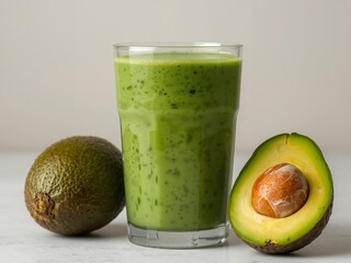 Green Drink Presentation CloseUp Composition of Glass with Liquid and Tropical Fruit.