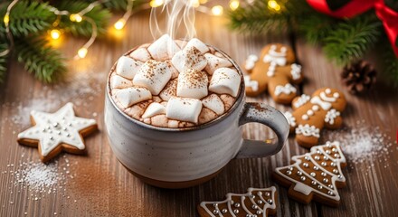 Fototapeta premium Cozy Christmas morning with steaming hot chocolate, marshmallows, and gingerbread cookies by warm festive lights