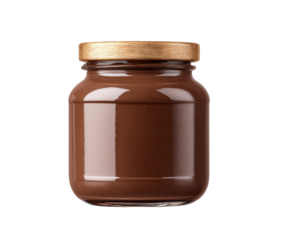 A glass jar filled with creamy chocolate hazelnut spread, isolated on a transparent background