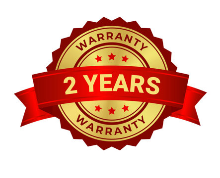 Round gold medal with award red ribbon, warranty badge icon with 2 years guarantee label, quality assurance seal and certification emblem isolated on transparent background. Vector EPS10