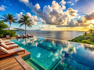 Fototapeta premium Luxury infinity pool overlooking a tropical ocean sunset