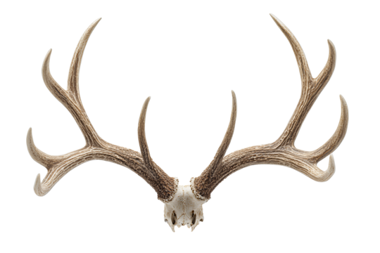 Natural deer antlers mount with smooth branching tines, front-facing view, isolated on transparent background.
