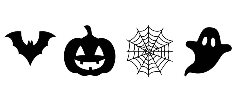 Halloween symbol lineup with spooky bat, carved pumpkin, floating ghost and spider web, isolated on transparent background.
