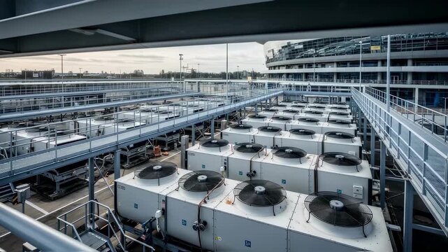 Wide shot of multiple chillers aligned in an outdoor plant beside an arena surrounded by maintenance walkways and safety barriers.