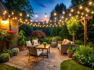 Fototapeta premium Cozy backyard patio with string lights at dusk
