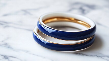 Pair of enamel coated bangles in deep blue and white placed on a marble background with gentle lighting showcasing modern colors with a traditional twist for versatile fashion