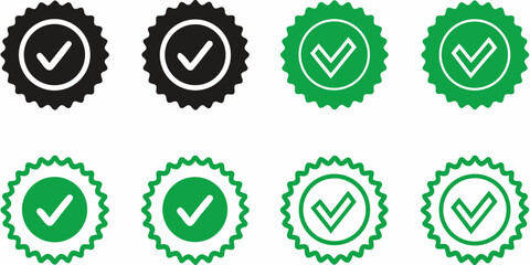 Collection of green and black checkmark badges with a serrated edge for approval and verification