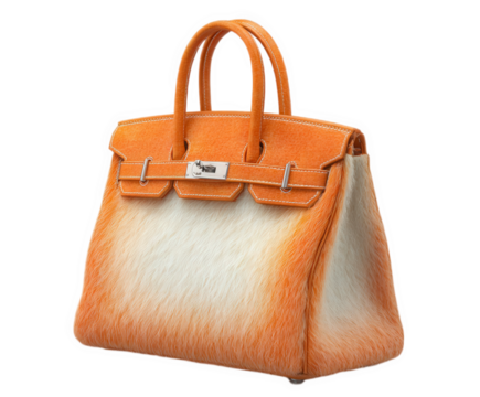 Luxury orange and white textured leather handbag with silver hardware, isolated on transparent background