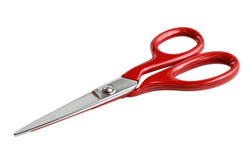 Obraz premium Open scissors with classic red handles and polished metal blades, isolated on transparent background. 