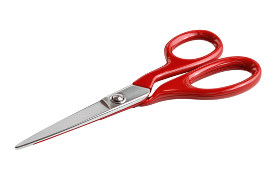 Open scissors with classic red handles and polished metal blades, isolated on transparent background.
