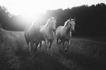 Majestic horses galloping towards viewer in golden hour sunlight field nature
