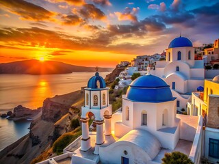 Santorini greece white church blue dome sunset