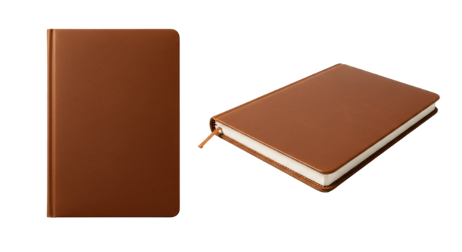 Two Brown Leather Notebooks with Bookmark Isolated.