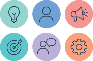 Six Pastel Circles with Line Icons Idea Person Megaphone Target Chat Gear