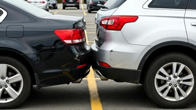 Minor Car Collision in Parking Lot - Two cars, a black sedan and a silver SUV, are parked bumper-to-bumper in a parking lot, showing minor damage to their rear bumpers.
