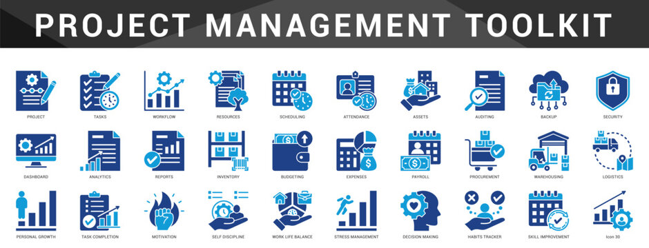 Comprehensive icon set for managing tasks, workflows, and resources efficiently in project-based business environments.