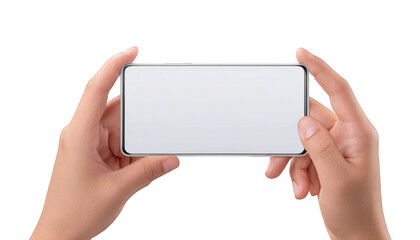 Hands holding a modern smartphone horizontally with a blank white screen, isolated on transparent background