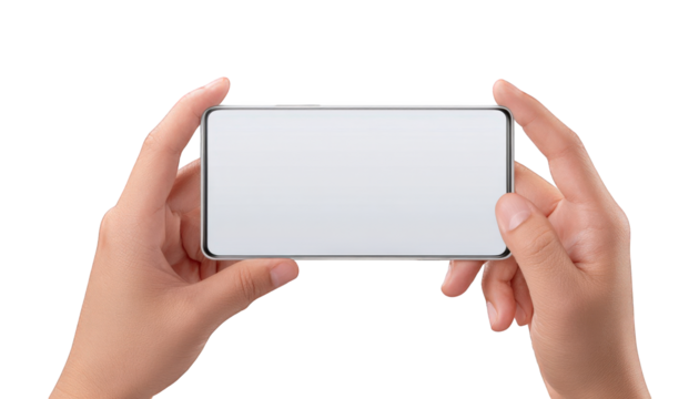 Hands holding a modern smartphone horizontally with a blank white screen, isolated on transparent background
