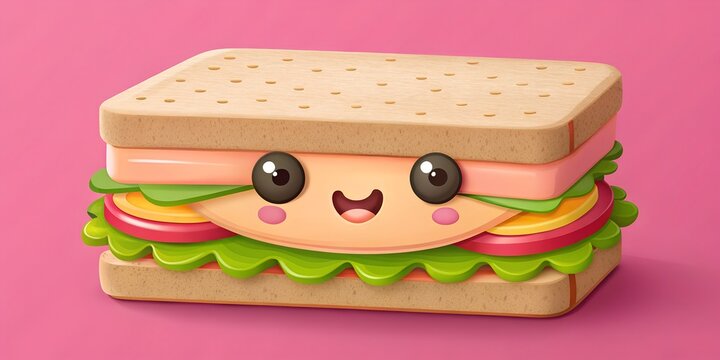 A charming sandwich with a cute, smiling face, featuring layers of ham, cheese, lettuce, and tomato, all nestled between slices of bread on a soft pink background