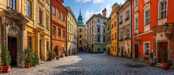 Fototapeta premium Cobblestone Street Surrounded by Colorful Historic Buildings in Town