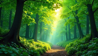 Obraz premium Lush green canopy in a vibrant forest, sunlight dappling through leaves, creating a magical atmosphere Perfect for nature, ecology, and environmental themes , scene, ecology