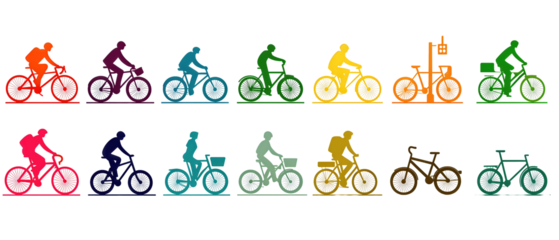 Minimal cycling symbol strip with consistent line style showing bike, lane, lock and helmet, isolated on transparent background.
