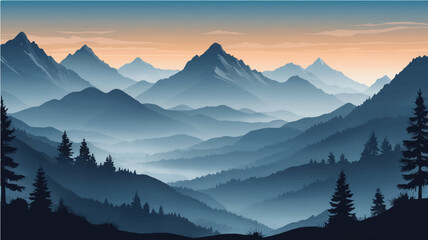 Sunrise over a beautiful mountain landscape with a foggy valley