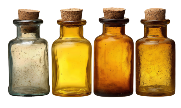 Row of vintage glass bottles with cork tops and minimal labels, classic apothecary look, isolated on transparent background.

