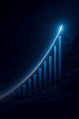 成長を象徴する上昇グラフと矢印のビジネス背景、データ分析で示す企業の成長と未来