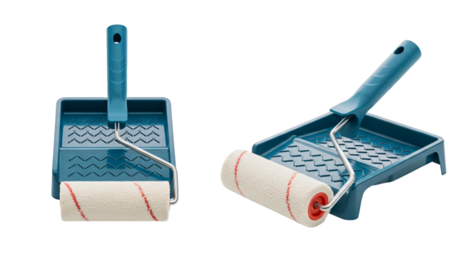 Paint Roller and Tray Set with Blue Handle and Red Stripe.