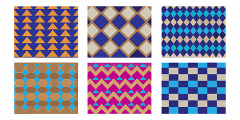 Six geometric patterns featuring triangles diamonds and squares in various color palettes