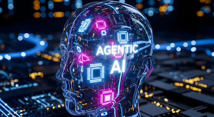 Concept of Agentic AI with a transparent humanoid head and glowing processors.