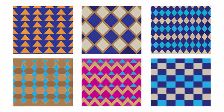 Six geometric patterns featuring triangles diamonds and squares in various color palettes
