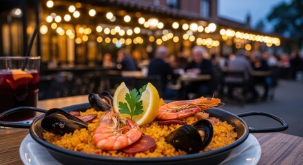 Delicious Seafood Paella Served Outdoors At A Restaurant Patio At Dusk