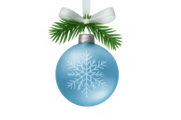 Light blue christmas ball hanging from white ribbon with snowflake decoration and pine branch on transparent background