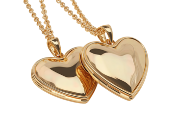 Pair of golden heart-shaped lockets with overlapping design, smooth finish, isolated on transparent background.
