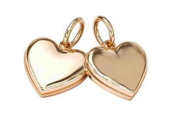 Twin gold heart lockets on loops with slight overlap, polished and elegant, isolated on transparent background.

