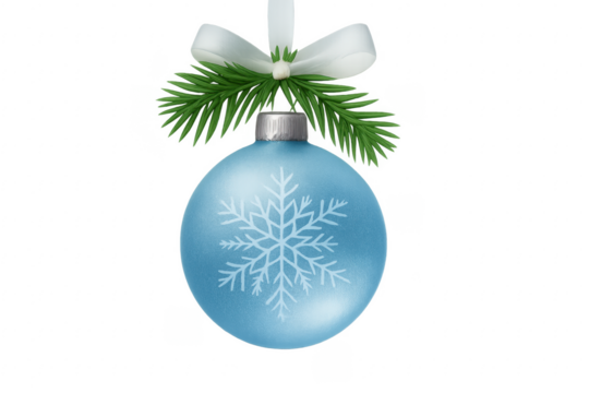 Light blue christmas ball hanging from white ribbon with snowflake decoration and pine branch on transparent background