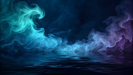 Mysterious swirling neon colored smoke clouds over dark water surface reflection