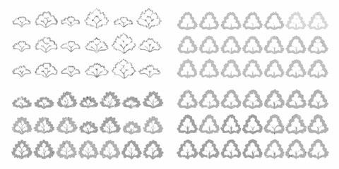 Collection of stylized hand drawn trees and bushes in various shapes and sizes in grayscale