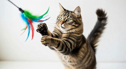 A captivating housecat in a playful moment, fixated on a colorful feather toy with striking intensity, captured in high definition.
