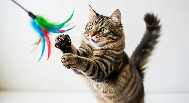 A captivating housecat in a playful moment, fixated on a colorful feather toy with striking intensity, captured in high definition.