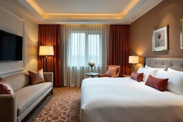 Luxurious hotel room featuring plush, oversized cushions on a comfortable sofa and bed, adding a touch of elegance and comfort to the space , hotel, soft
